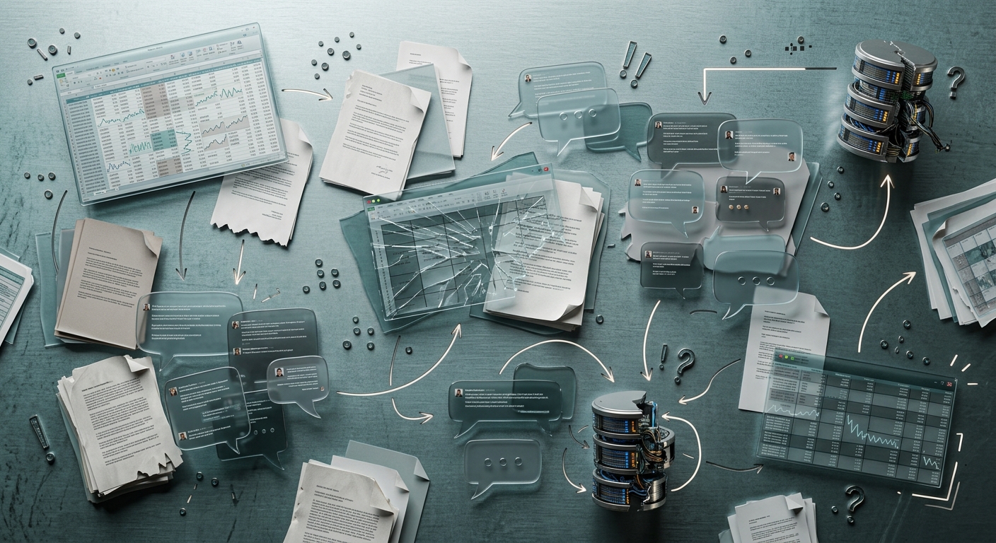 Scattered spreadsheets, documents, messages, and databases